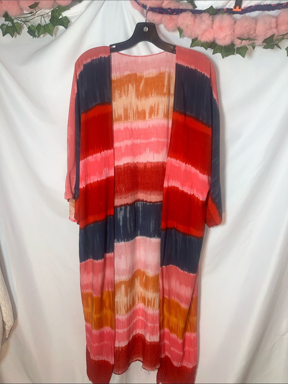 Source Unknown Red, Pink, Navy & Mustard Tie-Dye Kimono